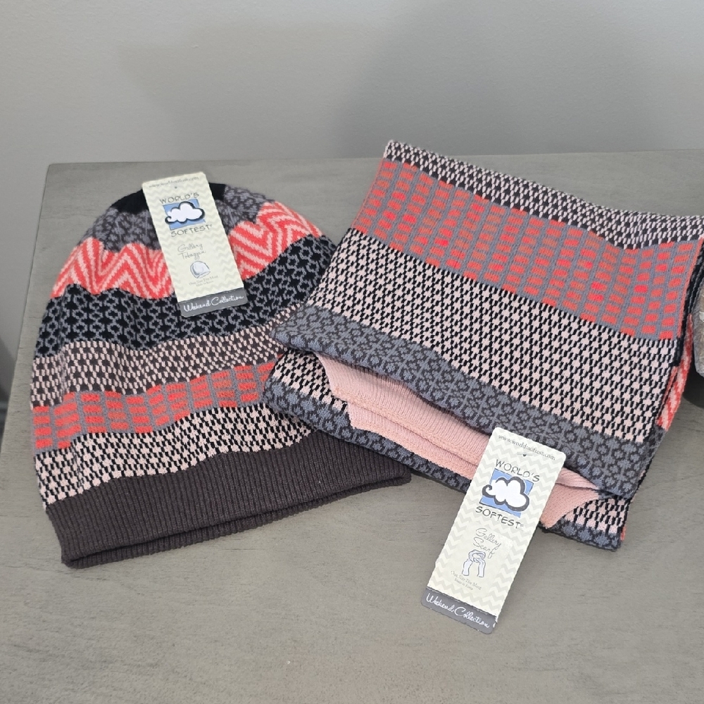 Women's Pink and Gray Knit Beanie and Scarf Set
